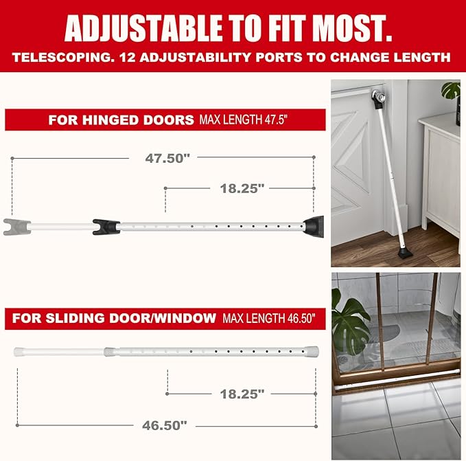 SECURITYMAN 3-in-1 Door Security Bar & Sliding Patio Door Security Bar (2 Pack) via Interchangeable Caps - Heavy Duty Iron Door Stoppers for Home, Apartment, Travel Hotel, Sliding Windows - White