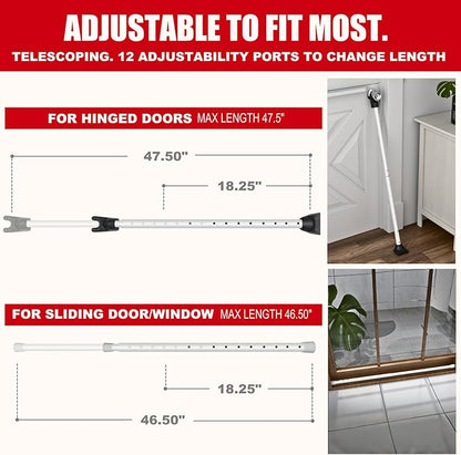 SECURITYMAN 3-in-1 Door Security Bar & Sliding Patio Door Security Bar (2 Pack) via Interchangeable Caps - Heavy Duty Iron Door Stoppers for Home, Apartment, Travel Hotel, Sliding Windows - White