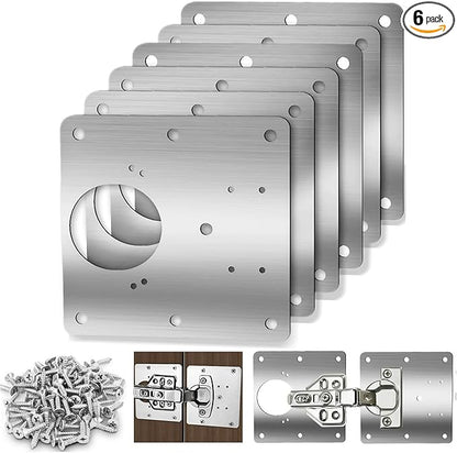 6 Pcs Cabinet Door Hinge Repair Plates, Cabinet Hinge Repair Board Replacement Kit, Metal Hinges Repair Fixing Plates with Screw for Kitchen Cupboard Door