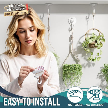 TAILI Adhesive Removable Wall & Ceiling Hooks for Hanging Plants, Heavy Duty No-Drill 360° Swivel Adjustable Sticky Wall Hooks Hanging Decor Lights Garland for Door Kitchen, Renter Friendly - 4 Pack