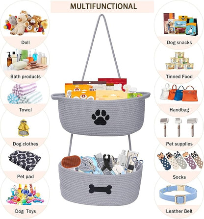 2-Tier Dog Baskets,Over Door Hanging Oganizer for Pet Stuff with Metal Hooks,Cotton Rope Wall-Mounted Storage Organizer for Dog Leash/Harness/Small Toys/Trash Bag - Gray