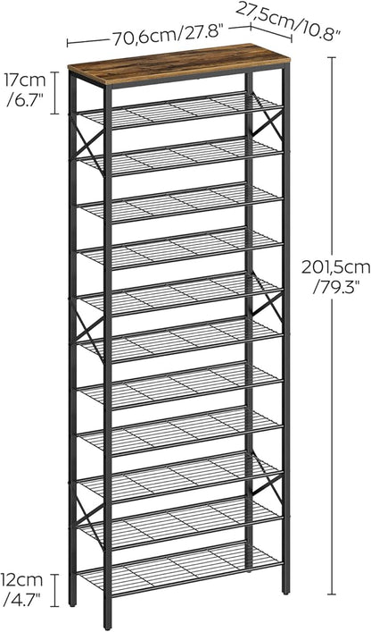 12 Tier Shoe Rack, Large Capacity Shoe Storage Organizer Holds 48 Pairs, Sturdy and Stable, for Entryway, Hallway, Closet, Dorm Room, Rustic Brown SS12BR