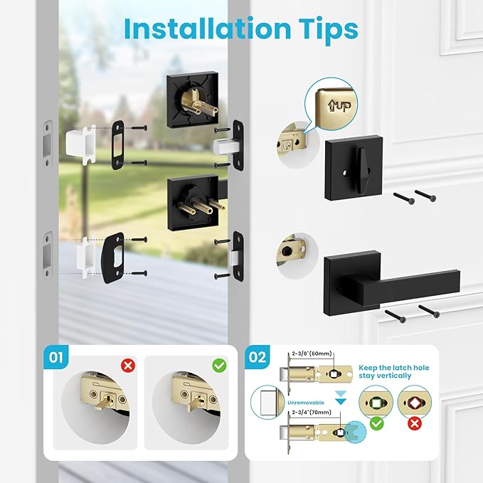 Estmoon Exterior Door Lock Sets, Matte Black Passage Door Handle and Single Cylinder Deadbolt Lock Combo, Modern Square Door Knob with Deadbolt, Keyed Alike Door Lock Sets for Front Door, 2 Pack