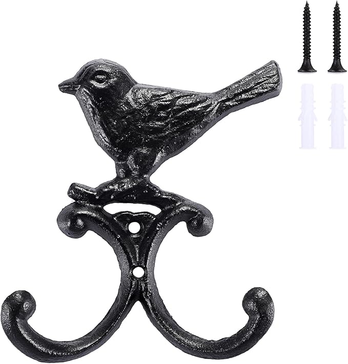 OwnMy Cast Iron Bird Coat Hooks Decorative Wall Hook, Vintage Dog Leash Holder Farmhouse Key Holder for Wall, Heavy Duty Indoor Outdoor Double Wall Hooks for Hanging Towels, Hats, Potted Plants, Tools