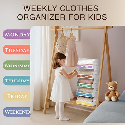 Closet Organizers and Storage - 5 Tier Shelf Organizer with Weekly Labels, Stackable Storage Bins with Metal Frame, Foldable Cube Bins, Home Baskets for Kids and Adults, White