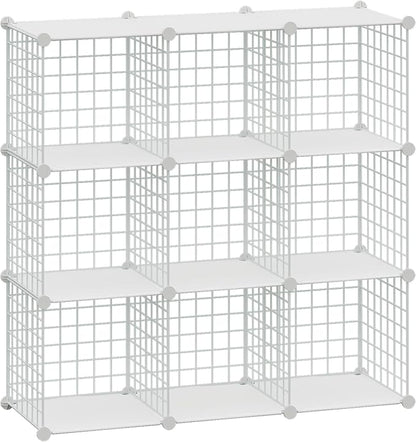 HUBSON Wire Cube Storage Organizer, Book/Toy/Craft/Potted Plants and petCloset Organizers and Storage Shelves, 9-Cube Freely Combinable Metal Grids Storage Shelf,White Plus Iron