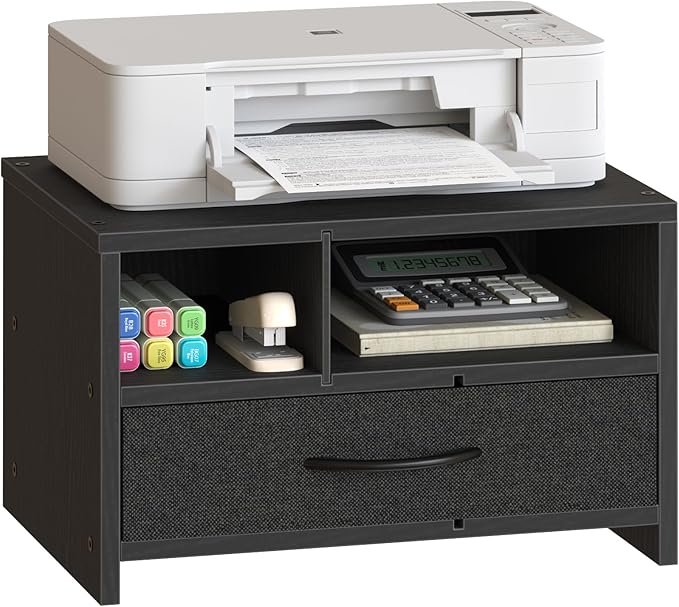 HOOBRO Desktop Printer Stand, Printer Stand Shelf Organizer with Drawer, Wooden Under Desk Printer Table, Storage Shelf, for Home Office Black BB08PS01