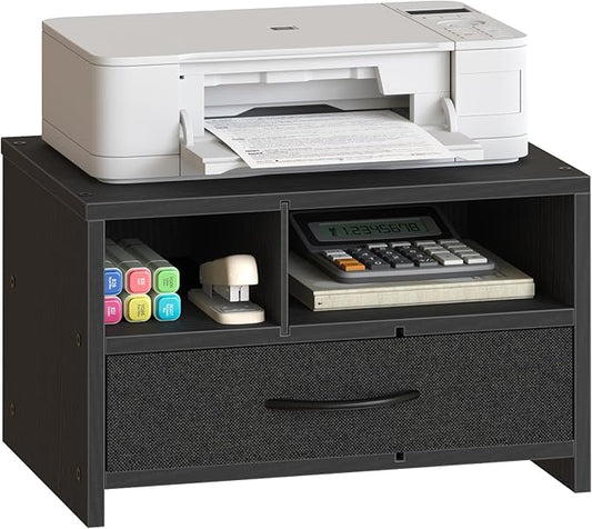 HOOBRO Desktop Printer Stand, Printer Stand Shelf Organizer with Drawer, Wooden Under Desk Printer Table, Storage Shelf, for Home Office Black BB08PS01