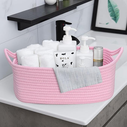 ABenkle Small Storage Basket with Handles, Cotton Rope Woven Dog Cat Toy Bin, Decorative Shelves Closet Organizing for Nursery Laundry Bedroom Bathroom, 14.2''x 11''x 5.1''