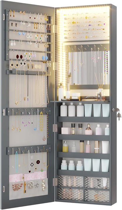 Vlsrka 47.2" LED Grey Jewelry Mirror Cabinet, Wall/Door Mounted Jewelry Armoire Organizer with Full-Length Mirror, Large Capacity Storage Hanging Cabinet, 4 Drawers, 5 Shelves