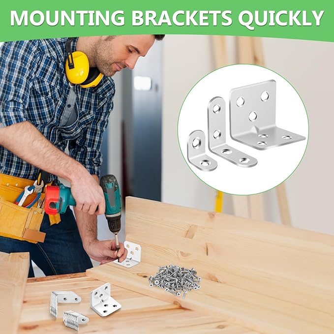 25Pcs Silver L Brackets for Shelves, 3 Sizes Angle Corner Braces Metal L Bracket Heavy Duty for Wood, Sturdy and Rustproof for Repairing Furniture with 82Pcs Screws Mounting Bracket Easily