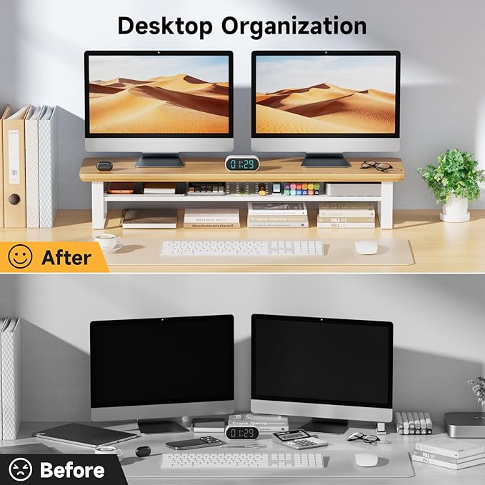 Dual Monitor Stand, 35.4 Inch Monitor Stand Riser for 2 Monitors, 2 Tiers Wood Desk Shelf with Storage, Desktop Organizer Stand for Computer, Laptop, Printer, TV (Cherry Wood, 35.4in)