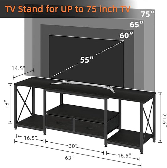 GYIIYUO TV Stand with Fabric Drawers for 65 70 75 Inches TV - Entertainment Center and Industrial TV Console Table with Open Storage Shelves for Living Room, Bedroom - 63.5" Black