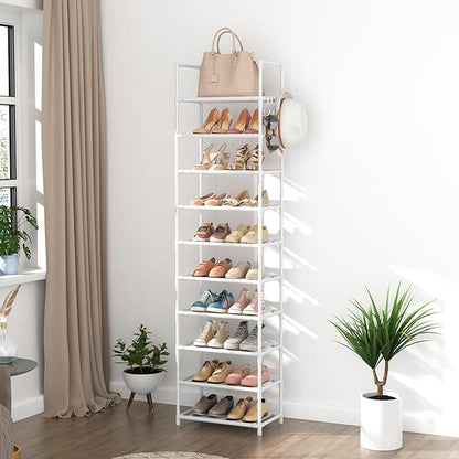 10 Tiers Tall Shoe Rack 20-25 Pairs Boots Organizer Storage Sturdy Narrow Shoe Shelf for Entryway, Closets with Hooks, White