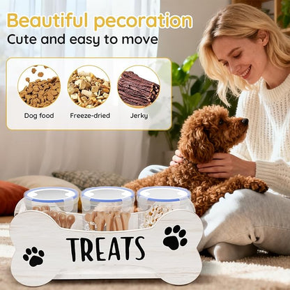WGFKVAS Dog Treat Storage Containers, 3 Jar Pet food container, White Wooden Pet Food Dispenser for Dogs & Puppies, Perfect Food Storage Solution and Gift for Dog Owners