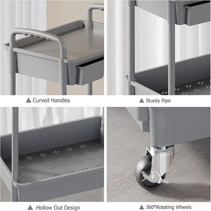 3 Tier Rolling Utility Cart with Drawer, Plastic Storage Organizer Rolling Carts with Wheels Handles Hanging Cups Hooks for Office, Bathroom, Kitchen,Craft Art Room (Grey)