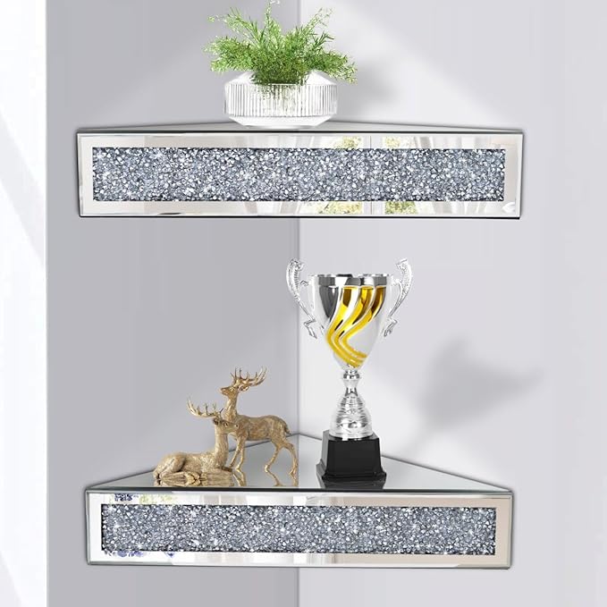 Mirrored Floating Conner Shelf, Silver Mirror Crushed Diamond Decorative Wall Shelf for Home Decoration Crystal Diamond Wall Art Decor Accent Piece Showcase 16.1" L×16.1" W×4.3" H, Set of 2