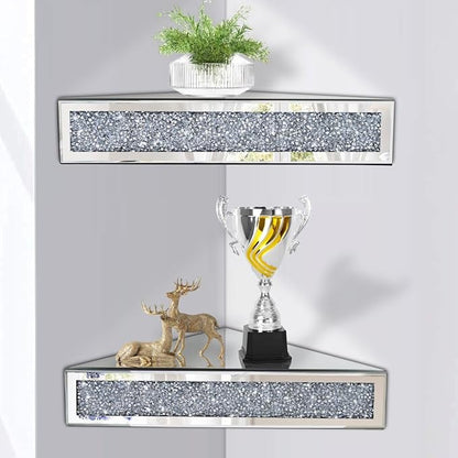Mirrored Floating Conner Shelf, Silver Mirror Crushed Diamond Decorative Wall Shelf for Home Decoration Crystal Diamond Wall Art Decor Accent Piece Showcase 16.1" L×16.1" W×4.3" H, Set of 2