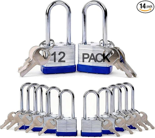 SEPOX® 12Pcs Set Keyed-Alike Laminated Steel Padlocks with Same-Key, 2-3/8" Extra Long-Shackle, 1-9/16" 40MM Heavy-Duty Padlock Body, Locks with 28Pcs Key with Big Handle for Lockers-Lock, Fence