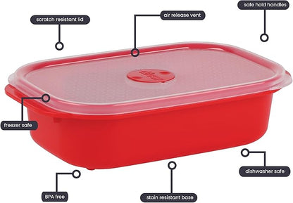 Décor Microwave Food Containers Set | 3 Pack - 3 x 900ml | Steam Release Vent | Dishwasher & Freezer Safe | Red