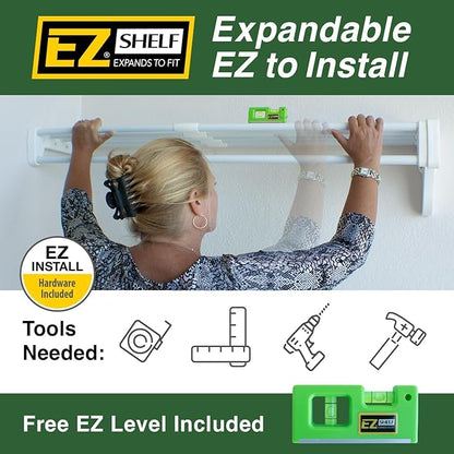 EZ Shelf-Expandable-Closet Shelf (NO Hanging Rod)- 19.5” to 29” -White-Easy Install to Backwall(Floating)-Wire Closet Shelving Alternative-(EZS-SW27-1-2)
