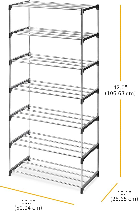 Whitmor 7-Tier Shoe Rack - Small Space Solution - Store up to 14 Pairs of Shoes - Organize Shoes & Accessories - Chrome & Black