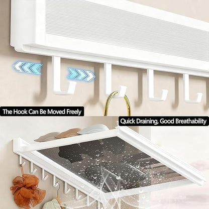 LETINE Wall Mounted Drying Rack: Retractable Indoor Clothes Drying Rack – Aluminum Alloy Frame w/Soft Mesh Surface. Laundry Rack & Temp Shelf for Balcony, Bathroom, Kitchen. with 6 Hooks (White, M)