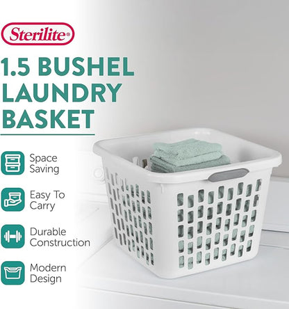Sterilite Laundry Basket, Plastic Clothes Hamper, Large Square Bin with Comfort Grip Handles and Reinforced Rim, 1.5 Bushel Capacity, White, 12 Pack