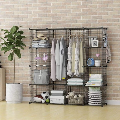 YOZO Wire Cube Storage Metal Closet Wardrobe Room Organizaion armoire Pantry Cabinet Book Shelf Organizer Rack MultiFuncation Cubby Shelving Unit, 16 Cubes, Black
