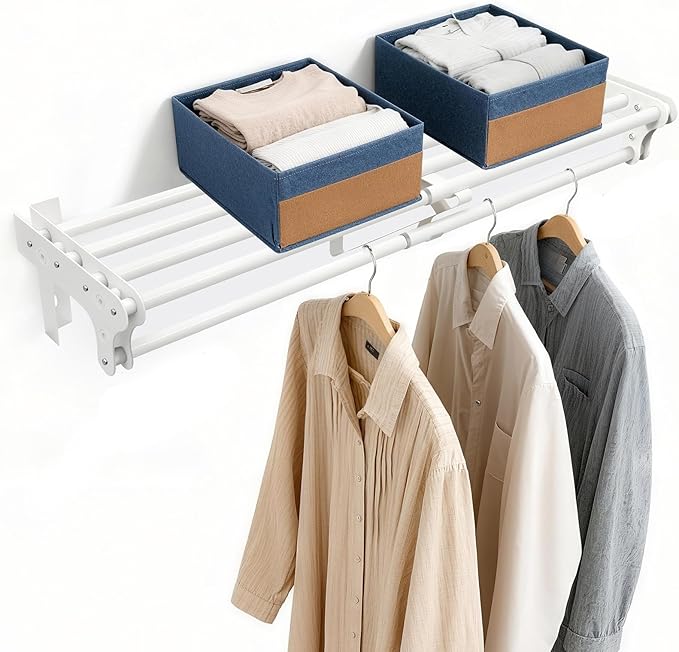 Steel Closet Shelf with Hanging Rod, Back Wall & Side Wall Mounted, 52-95'' Expandable White Closet Shelves, Heavy Duty Storage Rack Holds 220 lbs, Adjustable DIY Closet Rod Divider Separator