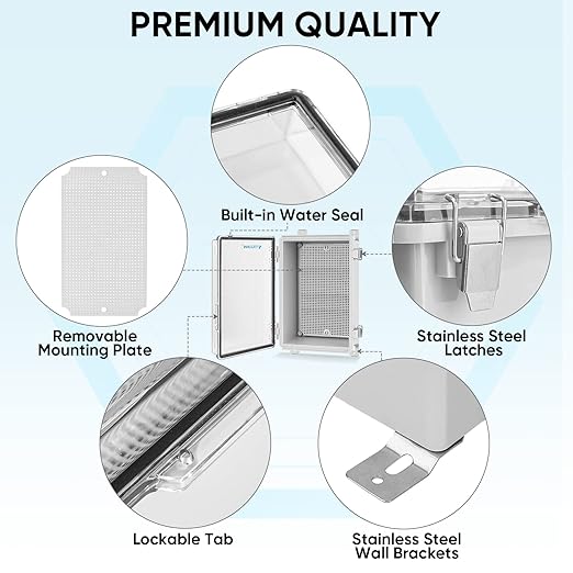 TICONN Outdoor Electrical Box Waterproof, Junction Box IP67 ABS Plastic Enclosure with Hinged Cover with Mounting Plate, Wall Brackets, Cable Glands (Clear, 10.2"x6.3"x3.9")