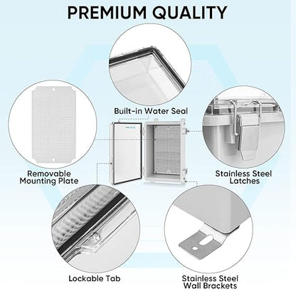 TICONN Outdoor Electrical Box Waterproof, Junction Box IP67 ABS Plastic Enclosure with Hinged Cover with Mounting Plate, Wall Brackets, Cable Glands (Clear, 10.2"x6.3"x3.9")