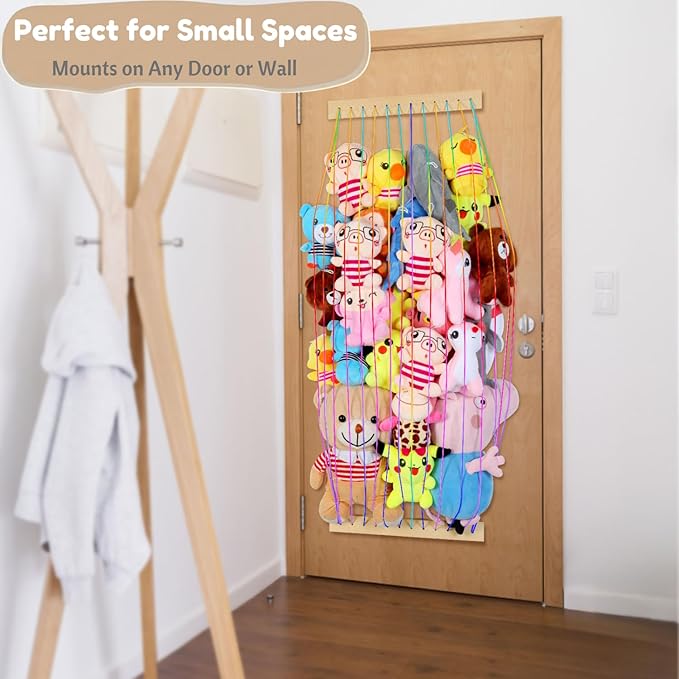 Stuffed Animal Storage Wood Soft Toy Organizer for Kids Room，Cute and Durable Wall or Door Mount Length Adjustable Hanging Stuffed Animal Toy Organizer Shelf for Nursery Play Room Rainbow -Patent