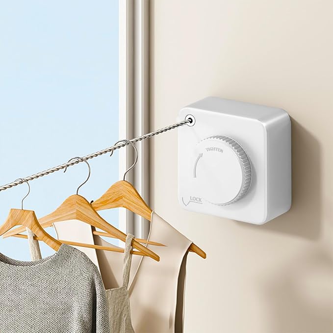 Retractable Clothesline Indoor, Non-Sagging Outdoor Clothes Drying Line Retracting Heavy Duty Clothes Drying Laundry Line Wall Mounted Stainless Steel Line - 15.6 Feet (1, White)