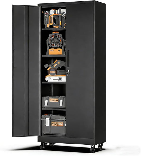 Metal Garage Storage Cabinet on Wheels, 71" Tall Lockable Rolling Tool Cabinet with Doors and 4 Adjustable Shelves, Heavy Duty Mobile Tool Cabinets for Garage Warehouse Workshop