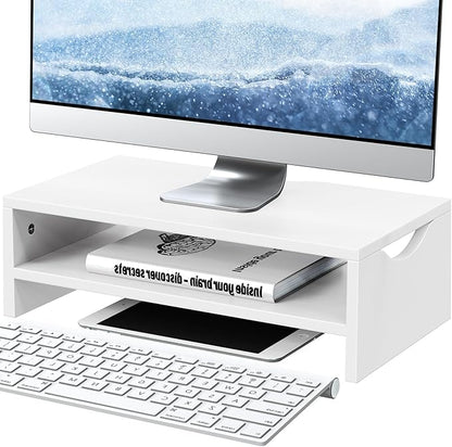 Monitor Stand Riser for Desk, 2 Tiers Laptop Computer Riser for PC Screen, iMac, Desktop Wooden Screen Monitor Stand with Storage Organizer for Home Office, White