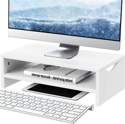 Monitor Stand Riser for Desk, 2 Tiers Laptop Computer Riser for PC Screen, iMac, Desktop Wooden Screen Monitor Stand with Storage Organizer for Home Office, White