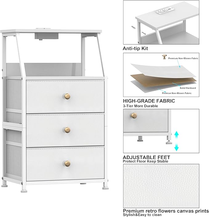 Tohomeor Dresser with Fabric Drawers Nightstand with 2 Tier Shelf Storage Tower for Bedroom Hallway Entryway Closet Organizer Sofa Beside Table Furniture (White, 3 Drawers)
