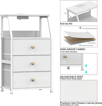 Tohomeor Dresser with Fabric Drawers Nightstand with 2 Tier Shelf Storage Tower for Bedroom Hallway Entryway Closet Organizer Sofa Beside Table Furniture (White, 3 Drawers)