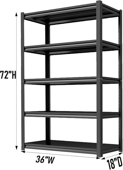 Garage Shelving, Heavy Duty 5-Tier Adjustable Storage Rack, Steel Shelving,3000 lbs Capacity, Industrial Shelves for Heavy Tools and Equipment (5-Tier 72" H x 36" W x 18" D)