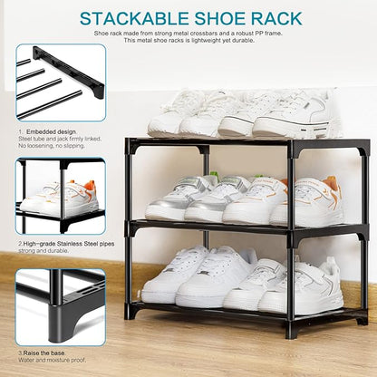 Stackable Small Shoe Rack for Closet 3 Tier, Sturdy Shoe Rack Organizer for Front Door Entrance and Entryway, Free Standing Metal Shoe Shelf Storage for Closet Bedroom Garage Black
