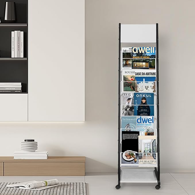 Floor Standing Magazine Holder with 5 Pockets, Journals, Brochure & Literature Display Holder for Trade Shows, Exhibitions, Office, and Shopping Malls, Black