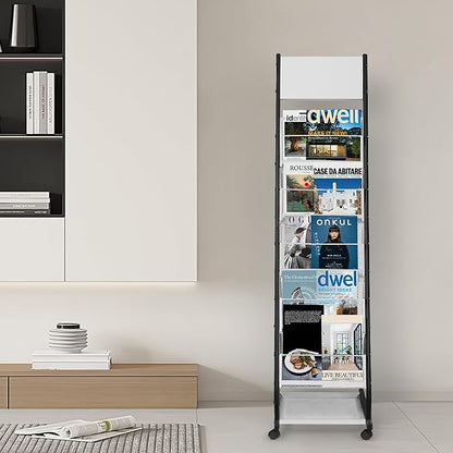Floor Standing Magazine Holder with 5 Pockets, Journals, Brochure & Literature Display Holder for Trade Shows, Exhibitions, Office, and Shopping Malls, Black