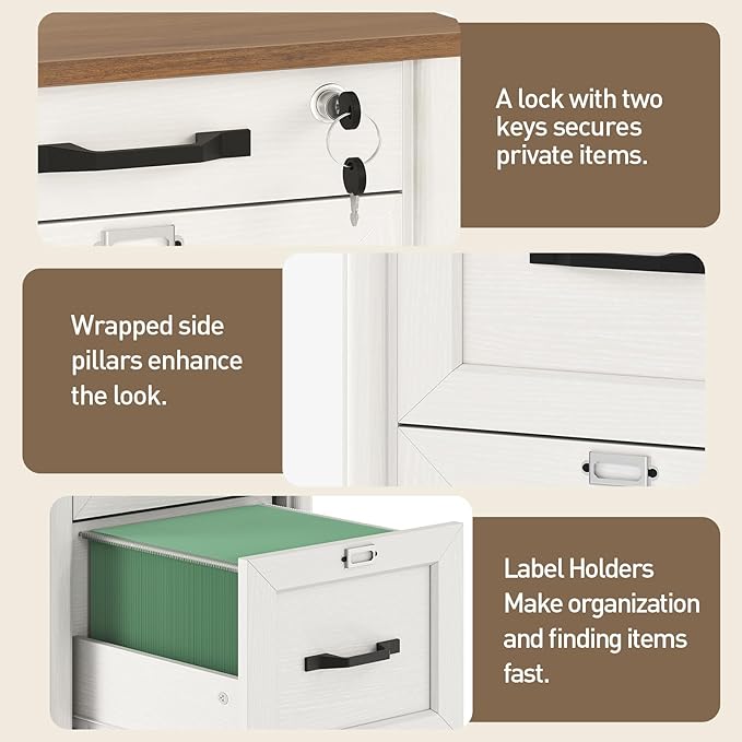 3 Drawer File Cabinet with Lock, Wooden Farmhouse Filing Cabinet with Storage Fits Letter and A4 Size, Vertical Printer Stand for Home Office, Walnut and White