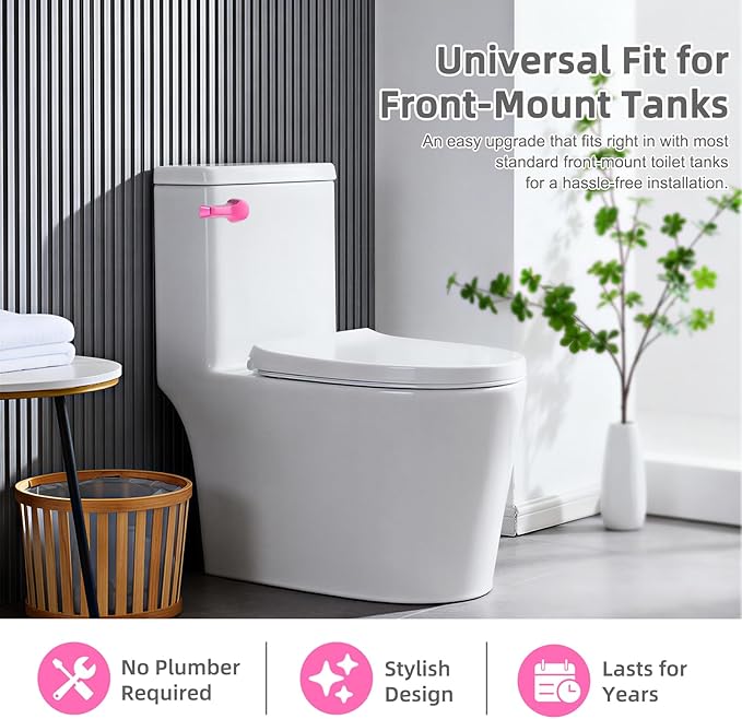 Hibbent Universal Metal Front Mount Toilet Handle Replacement Kit, Brass Toilet Flush Tank Lever with Stainless Steel Flapper Chains for Most Toilets, Pink