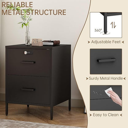 Metal Nightstand,2 Drawer End Side Table Lockable Modern Locker Storage Cabinet for Living Room, Bedroom, Dorm, 21.26”H X 15.75”W X 15.75”D (2 Drawer, Black)