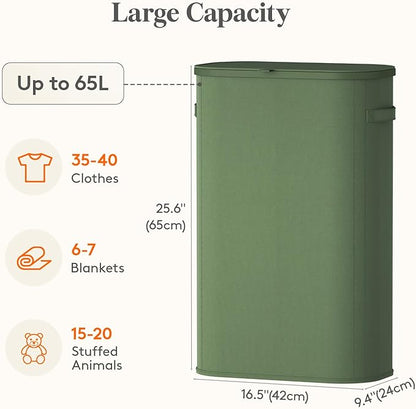 Lifewit 65L Slim Laundry Basket with Lid, Narrow Large Laundry Hamper with Plastic Handles and Removable Bag, Tall Foldable Dirty Clothes Hampers for Laundry Room, Bedroom, Bathroom, Dorm, Green