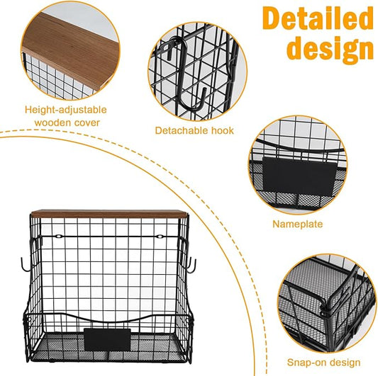 Geyecete pet supplies wall basket storage storage basket Wall wire basket with Wood Lid Nameplat storage rack multifunctional countertop organizer