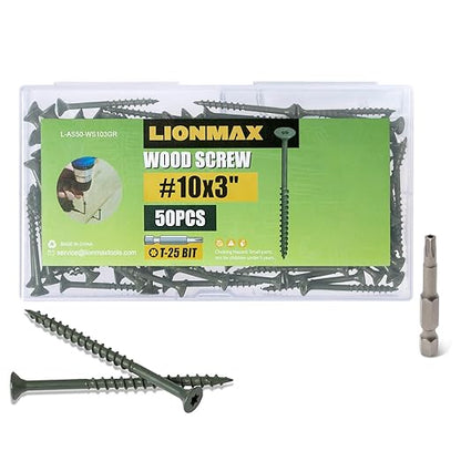 LIONMAX Deck Screws 3 Inch, Wood Screws #10 x 3, 50 PCS, Rust Resistant, Exterior Epoxy Coated, Outdoor Decking Screws, Torx/Star Drive Head Screw, T25 Star Bit Included, Green