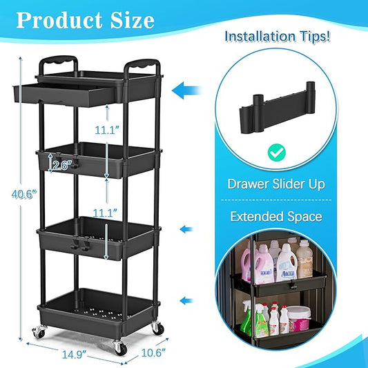 4 Tier Rolling Utility Cart with Drawer, Storage Organizer Cart with 2 Lockable Wheels, Multifunctional Rolling Storage Cart for Bathroom, Kitchen, Craft, Makeup, Baby Essentials, Black